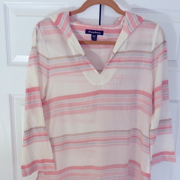 Tommy Bahama Pink and White Striped hoodie Tunic - Picture 1 of 5
